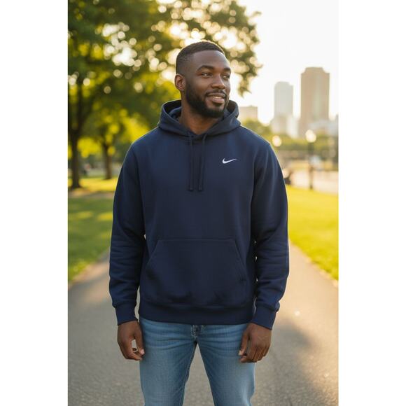 Mens Unisex Nike Embroidered Hoodie Sz M Navy Blue Hood Sweatshirt Pullover Gym - Picture 1 of 11
